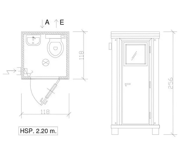 Cabine sanitária com sanita e lavatório.